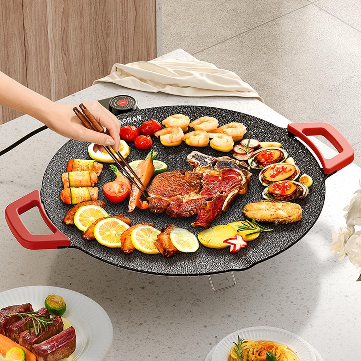 AORAN Indoor Grill Electric Smokeless Set – Nonstick Electric Griddle for Indoor Use, Compact & Versatile Cooking for Steaks, Pancakes & BBQ, Includes Silicone Spatula, Oil Brush & Food Tongs