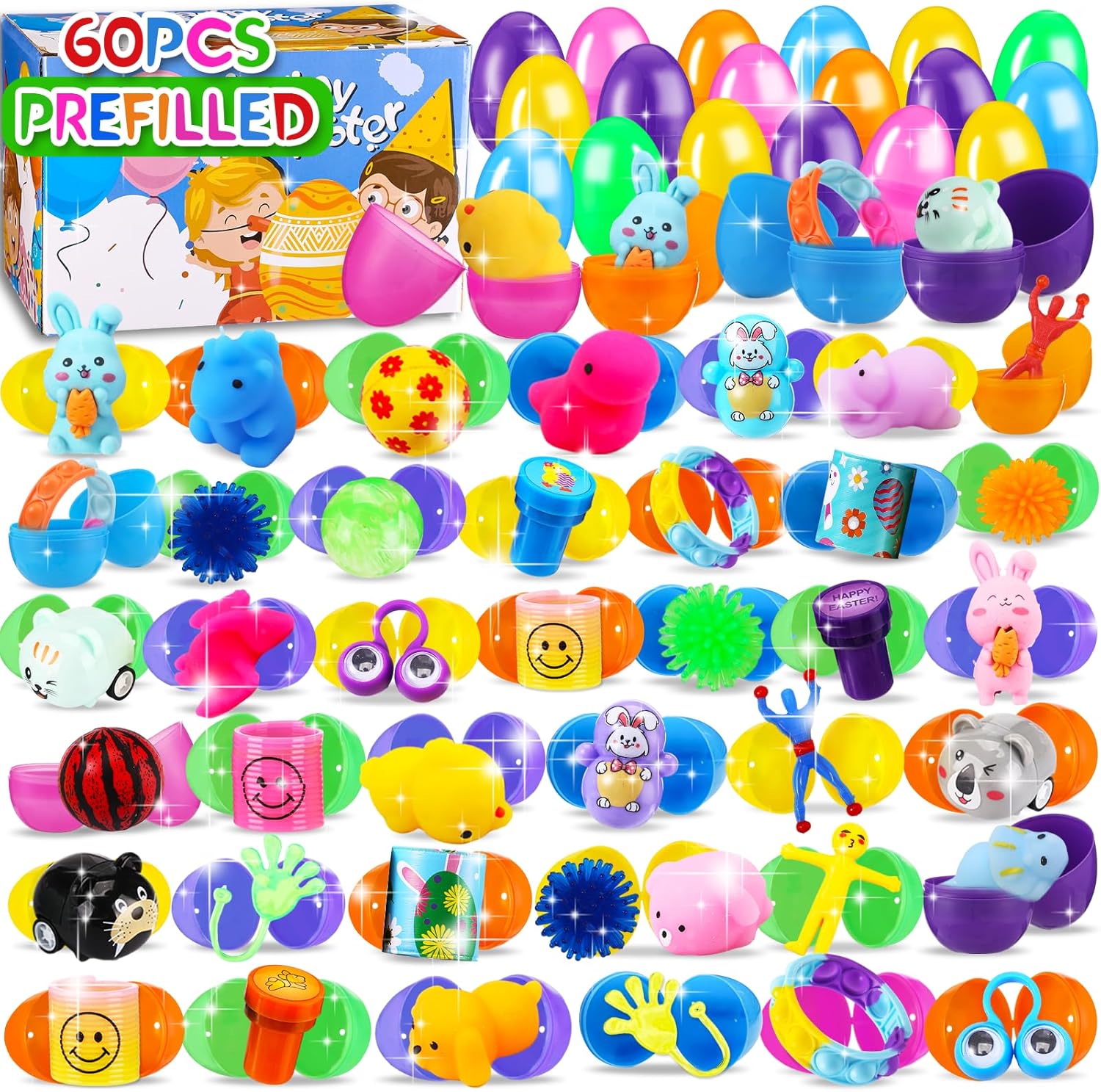100 PCS Prefilled Easter Eggs with Toys Inside, Plastic Easter Eggs Filled with Toys Bulk for Easter Egg Hunting, Assortment Birthday Party Supplies Gifts Classroom Carnival Prizes for Boys Girls