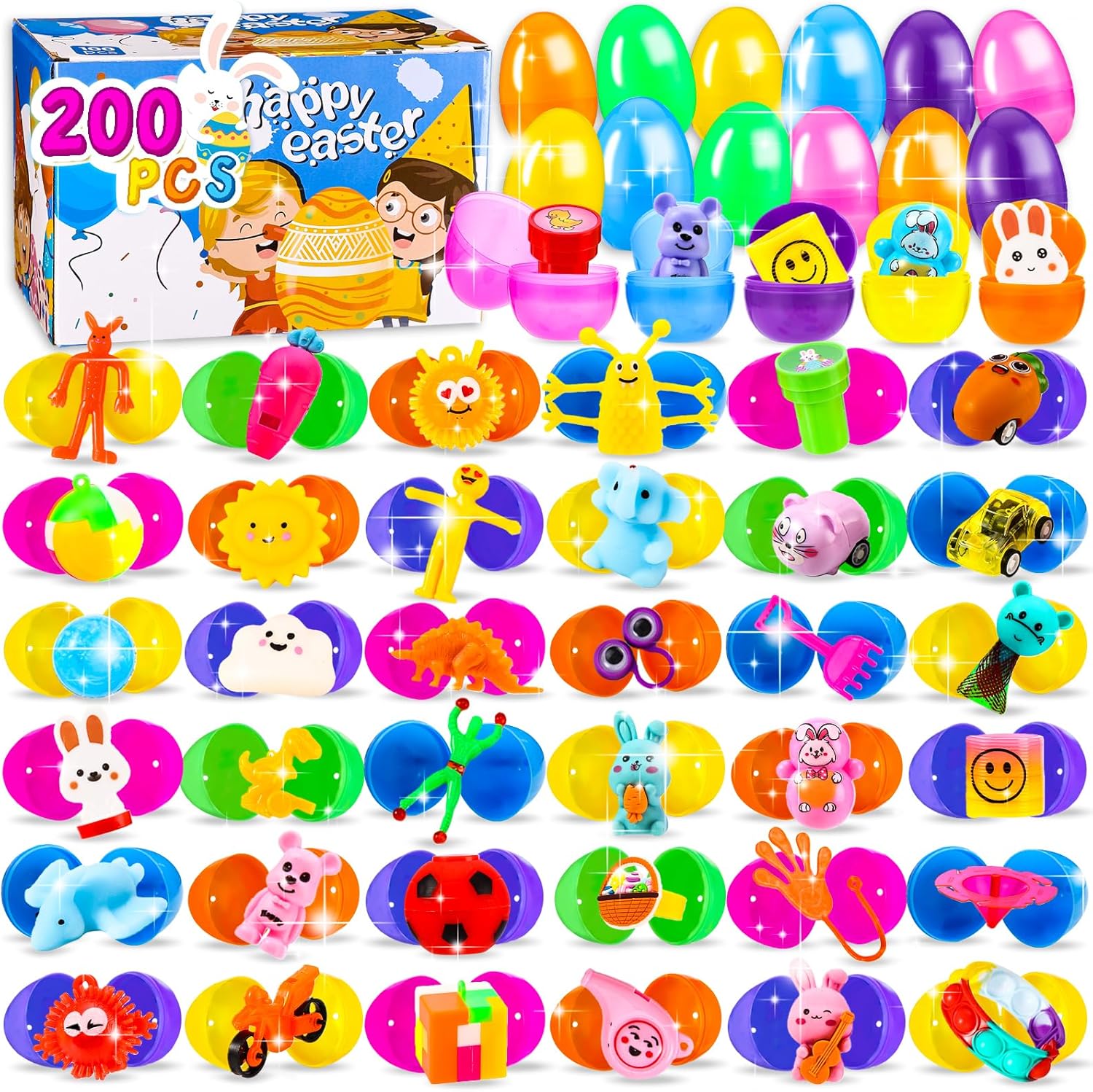 100 PCS Prefilled Easter Eggs with Toys Inside, Plastic Easter Eggs Filled with Toys Bulk for Easter Egg Hunting, Assortment Birthday Party Supplies Gifts Classroom Carnival Prizes for Boys Girls