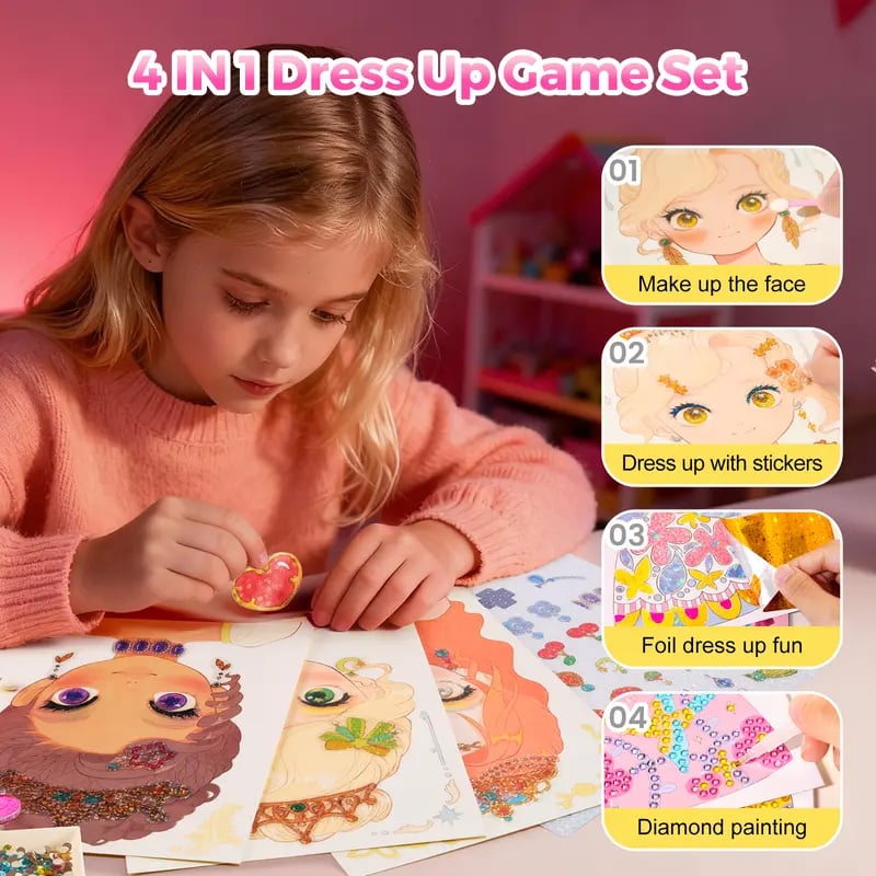 JSR Special Diamond Painting & Princess Book Makeup Craft Kits Foil Art Books Set Play on Paper for Girl Handcraft Easter Gifts